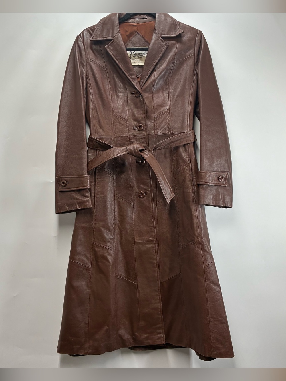 Vintage 60s Bermans Leather Jacket Coat Long Womens Chocolate Brown Trench Belt